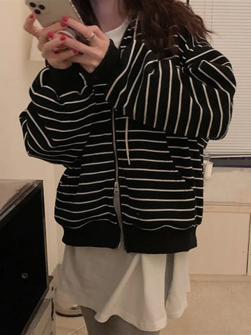 Getadme-Women Korean Style Hoodies For Girls Top Vintage stripe Long Sleeve Oversized Hooded Sweatshirt Jacket Casual Large Coats